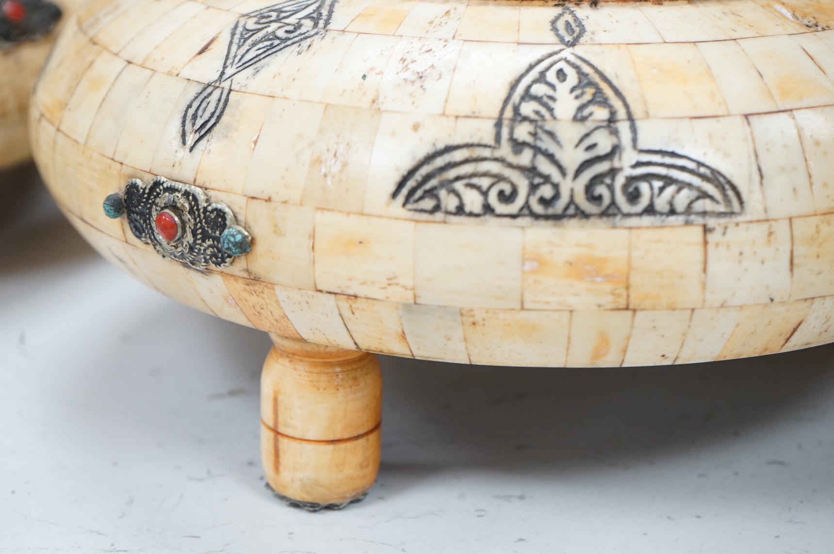 Four Indian camel bone veneered vases and boxes, tallest 30cm high